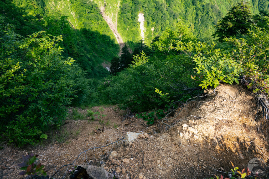 登山道わきの急崖