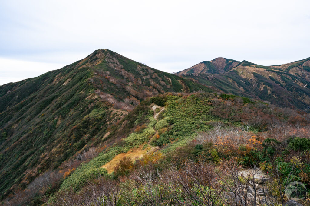 振り返って眺める小朝日岳大朝日岳